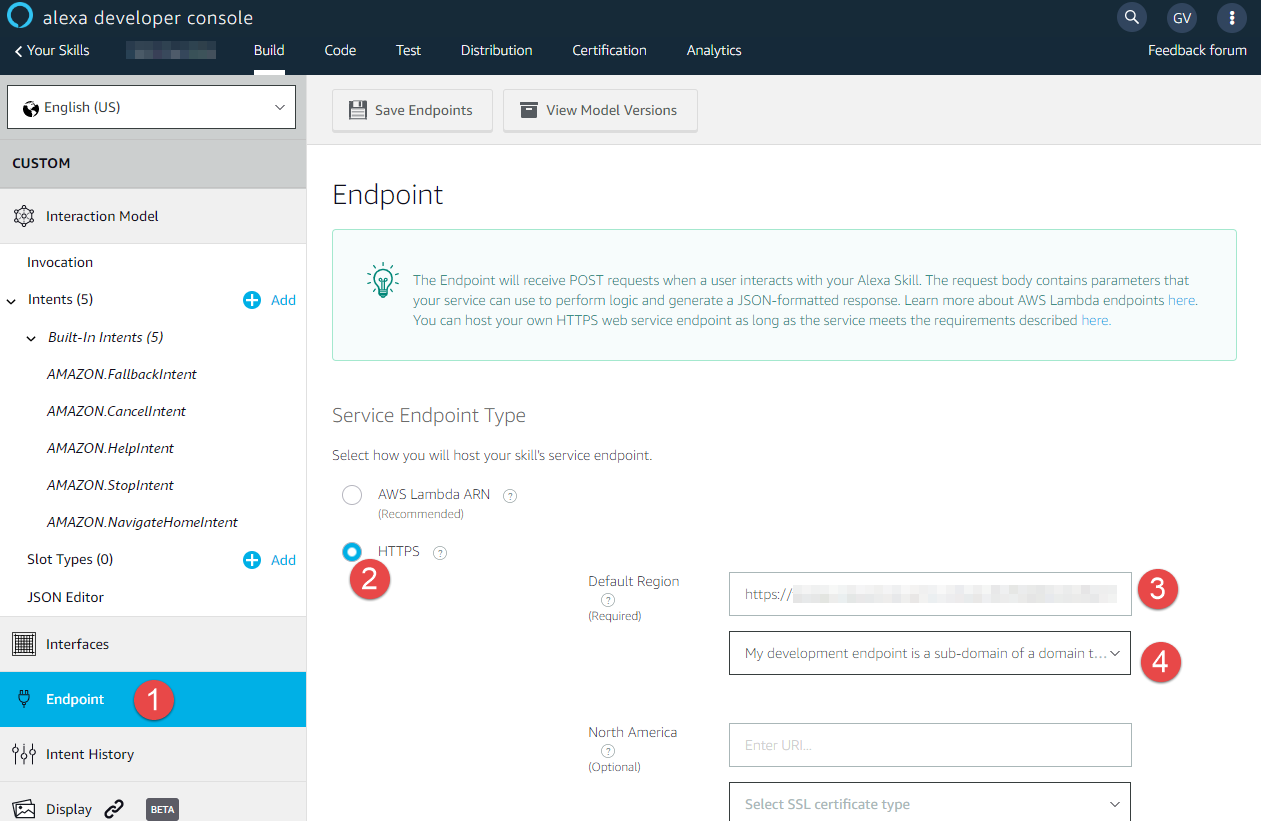 Endpoint configuration screen in Alexa Developer Console