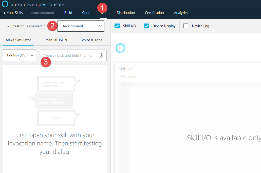 Alexa Simulator screen in Alexa Developer Console