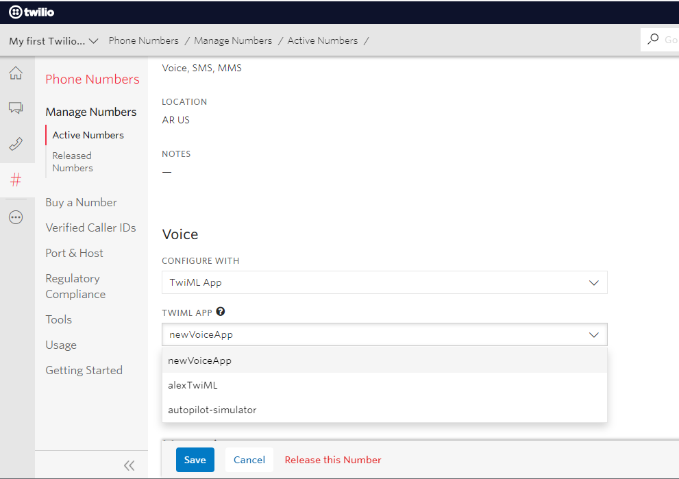 Phone number assignment in Twilio console.