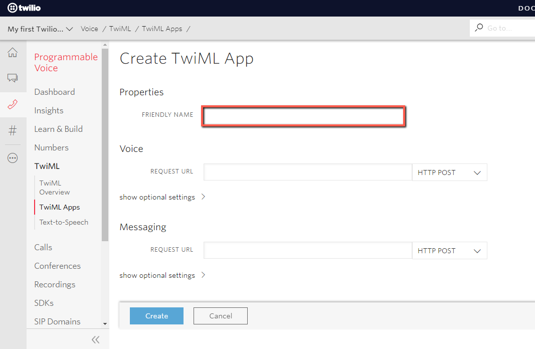 Programmable Voice in Twilio console.